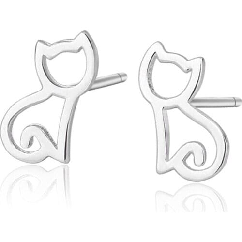 Simple Hollowed Out Cat Earrings For Women Fashion Party Silver Color Stud Earring Accessories Cute Girl Jewelry Gift
