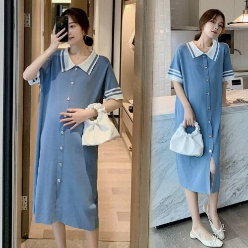 Button knitted Maternity Dresses Pregnant Women Elegant Loose Clothes Summer Short Sleeve Blue Long Dress Pregnancy Dress