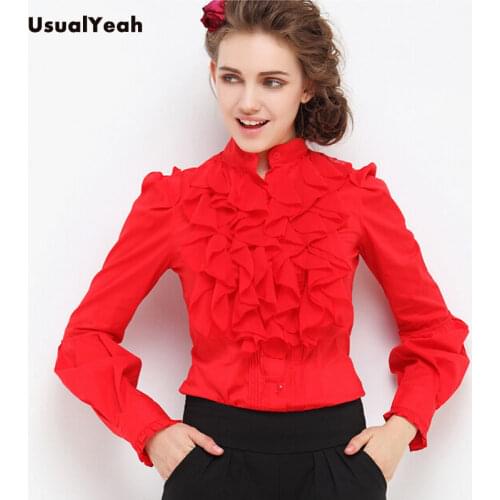 UsualYeah New spring Women Fashion OL Stand Collar Ruffles Lantern sleeve Body Blouse Shirts blusas S-M-L-XL SY0133 White Red