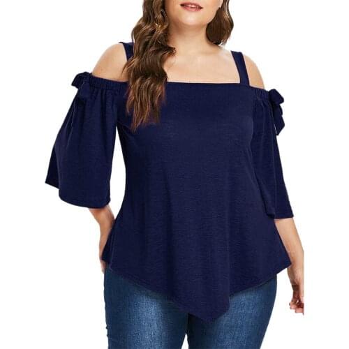 Fashion Women Casual Plus Size Tshirt Asymmetric Cold Shoulder Top T-shirt Bandage Sexy Summer Tshirt Bow Poleras Mujer #PY