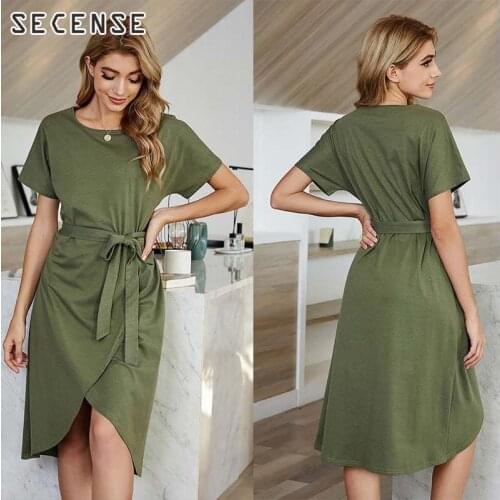 Women Solid Bandage Mini Dresses New Solid Color High Waist Irregular Short-Sleeved O Neck Asymmetrical Dress Mid-Length Summer