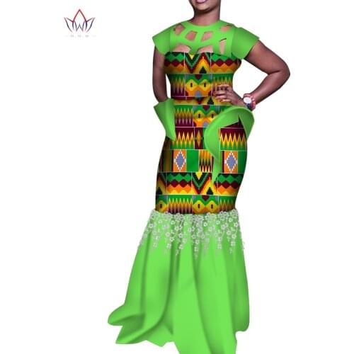 Bazin Riche African Hollow Collar Long Party Dresses for Women Dashiki Print Lace Elegant Dresses Women African Clothing WY4998