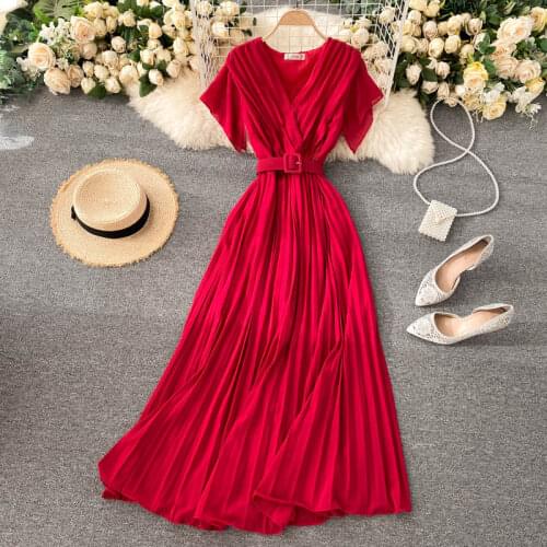 2021 Summer Slim Fit Long Chiffon Pleated Women Dresses Candy Color Elegant V-Neck Drawstring Vestidos New French Style Dress