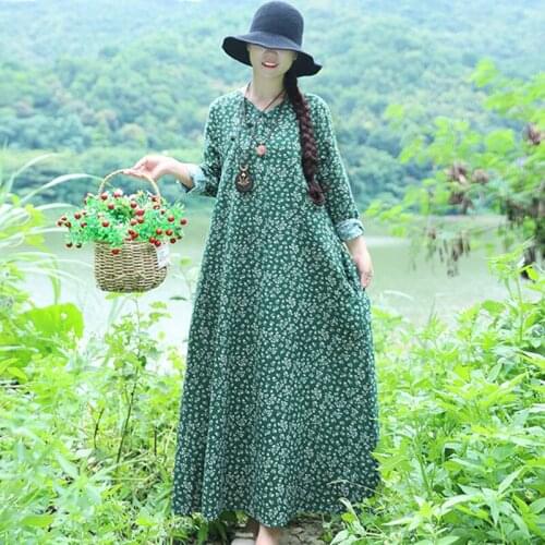 Uego Fashion Printing Floral Prairie Chic Vintage Dress Cotton Linen Long Sleeve Spring Dress 2021 New Women Casual Spring Dress