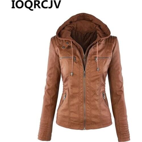2019 Autumn Women Faux Leather Jackets Zipper Basic Coat Motorcycle Jacket Coat Detachable Hooded Outerwear Large Size 7XL R526