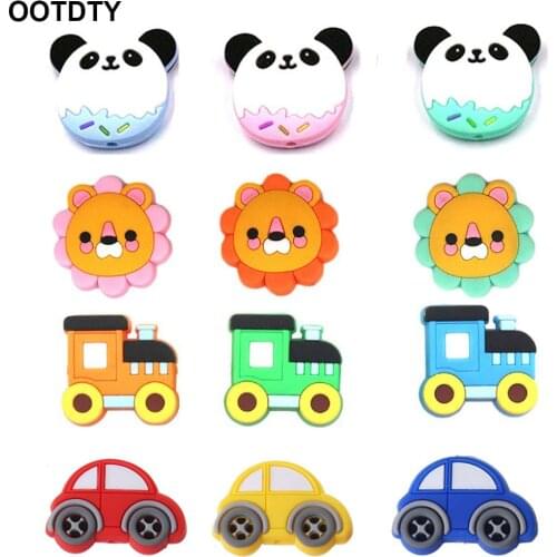 5pc Silicone Beads Panda Bus Mini Lion Cartoon Animals Baby Teether DIY Accessories Teething Necklace Food Grade Silicone Teethe