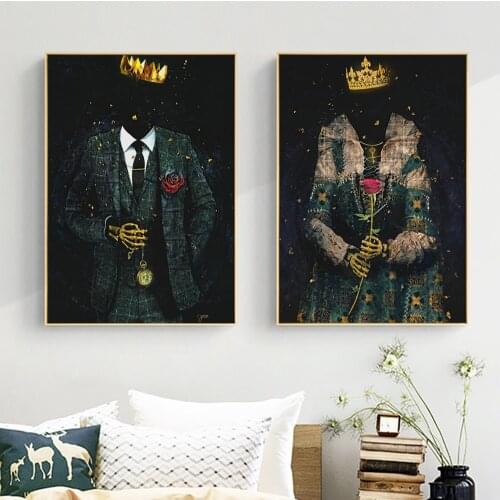 Abstract Luxury King And Queen Canvas Poster Painting Old Fashion Golden Skull Wall Art Prints Picture Decoration For Room