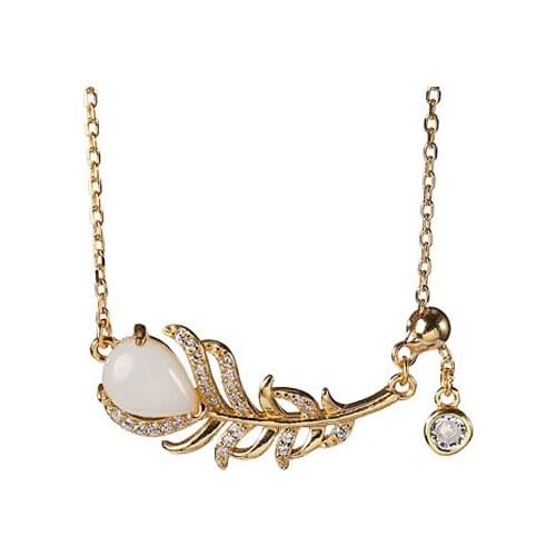 S925 sterling silver gold plated Natural Hetian jade Gray jade Chain set Personality Temperament Feather Ladies Necklace Pendant
