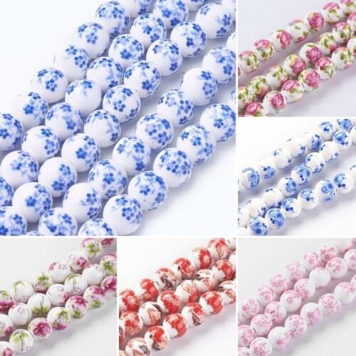 35Pcs 11mm Handmade Ceramic Beads Round Flower Pattern Porcelain Loose Bead Spacer For Bracelet Charm DIY Jewelry Making