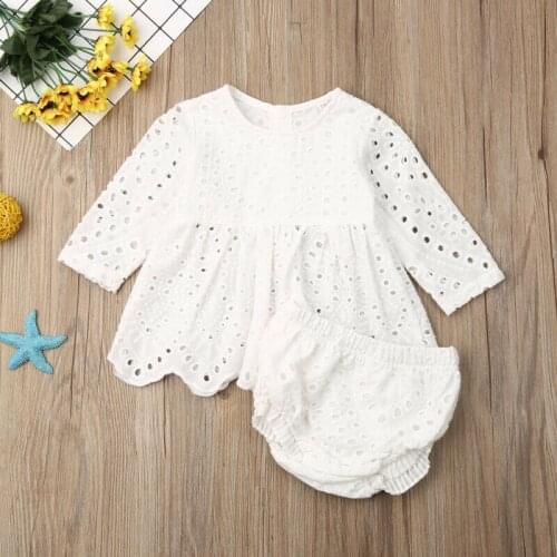 2020 Fashion Newborn Baby Girls Long Sleeve Lace Dress Tops PP Shorts White Outfits Infant Sweet Clothes 0-24M