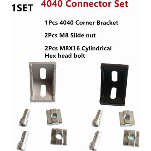 4040 Aluminum Profile Connector Set: 2Pcs M8X16 Cylindrical Hex Head Bolt + 1Pcs 4040 Corner Bracket + 2Pcs M8 Slide Nut