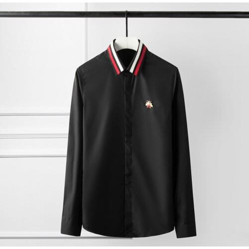 New Ribbon Collar Mens Shirts Luxury Bee Design Long Sleeve Solid Color Mens Dress Shirts Plus Size 3XL 4XL Slim Fit Man Shirts
