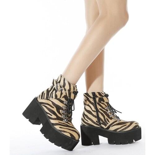 Autumn Winter Chunky Heel Platform Boots Lace-up Leopard Gothic Boots Women Comfortable Sexy Buckle Footwear Goth Shoes 35-43