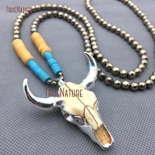 New Design Blue Yellow Spacers Pyrite Beads Resin Necklace Silver Finish Faceted Cattle Skull Necklace For Men NM4309