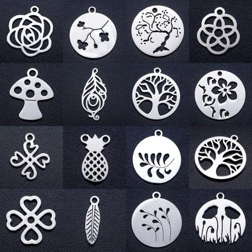 10pcs/lot Blossom Flower Fern DIY Charms Wholesale 100% Stainless Steel Tree of Life Sea Conch Pendant Plants Feather Charm