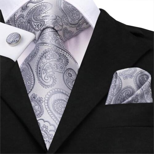 Silver Tie for Men Silk Gray Tie Paisley Necktie Set Cufflinks for Wedding Business Tie Floral 150cm Hi-Tie SN-3530 Dropshipping