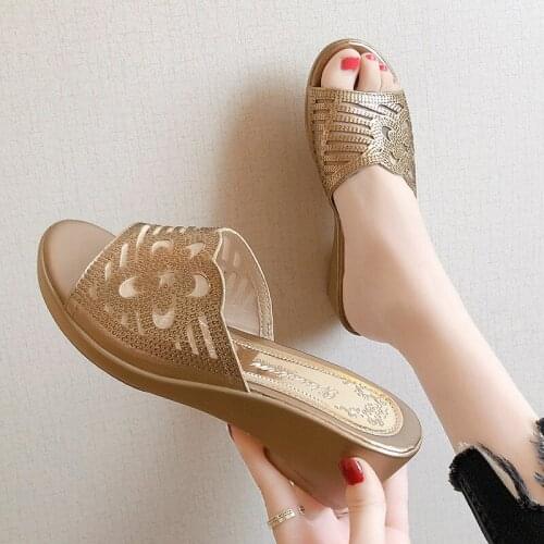 Plis Size Solid Women New Sandals Peep-toe Crystal Slides Wedges Net yarn Ladies Slippers 5cm High Heels for Womans Summer Shoes