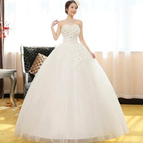 Wedding Dresses Illusion Strapless Sleeveless Tulle Lace Backless Appliques Crystal Floor-Length White Women Bridal Gown G511