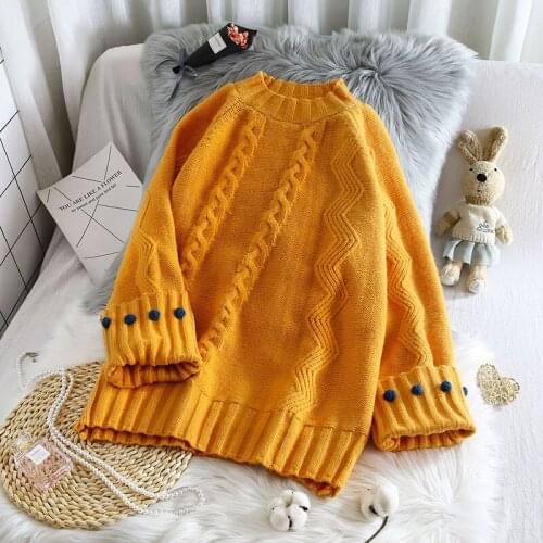 Loose Solid Yellow Knitted Women Sweater And Pullovers O-Neck Flare Sleeved Loose Thicken Female Outwear Tops