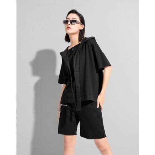 Street fashion brand vitality age reduction personalized splicing ribbon hooded loose T-shirt summer new fashion short sleeve to