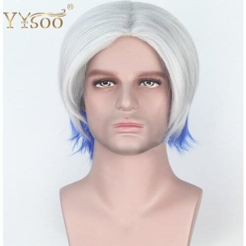 YYsoo Synthetic Short Bob Ombre Color From Platinum Blonde to Blue Hair Parzival cosplay wig for Men Party Show