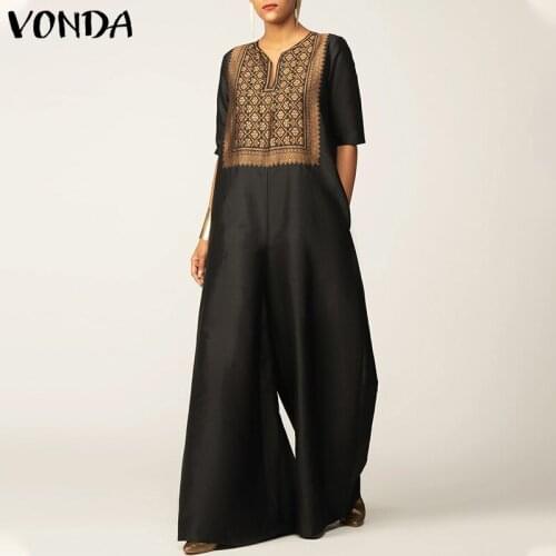 VONDA Women Long Jumpsuit Casual Short Sleeve Vintage Printed Wide Leg Playsuits Palazzo Pants Pantalon Femme Loose Overalls