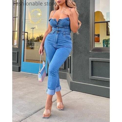 Women Skinny Bandeau Jeans Jumpsuit Pocket Button Design Overalls Spaghetti Strap Sleeveless Denim Romper