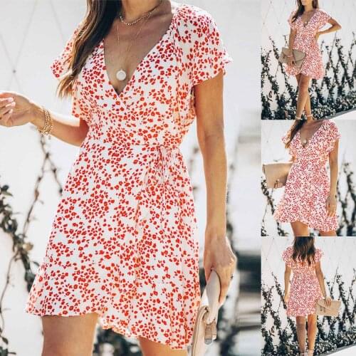 Womens V-Neck Printed Sexy Open Chest Lace-Up Fashion Dress Red