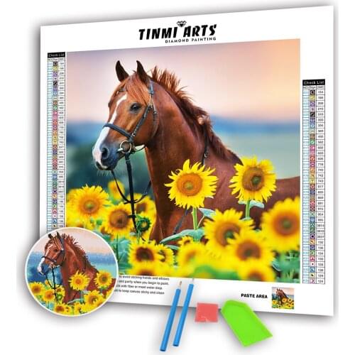 5D Diamond Painting Full Round AB Drills Cross Stitch Pattern Rhinestone Embroidery Kits Arts Wall Sticker Horse and Sunflower