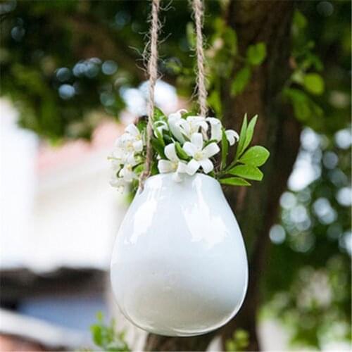 Home Garden Balcony Ceramic Plant Hanging Basket Planter Flower Pot Plant Vase with Twine Indoor Outdoor Home Decoration