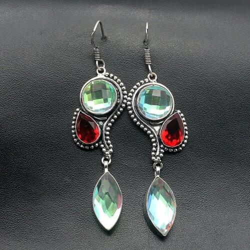 Hermosa Elegant Vintage Red Garnet ColorfulTopaz Dangle Earrings For Women 2 7/8 Inch A218