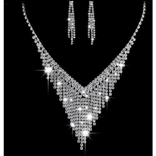 Luxury Female White Crystal Jewelry Set Cute Silver Color Wedding Stud Earrings For Women Trendy Geometry Long Chain Necklace