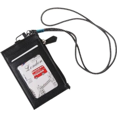 Women Business Card Holder Wallet Men PU Leather ID Cards Holders Case Neck Strap Lanyard Ladies Fashion Mini Slim Wallets