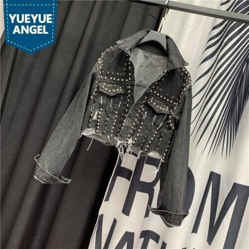 Punk Style Euro New Womens Loose Extra Short Denim Jackets Fashion High Street Embroidered Flares Hole Ripped Female Slim Coats