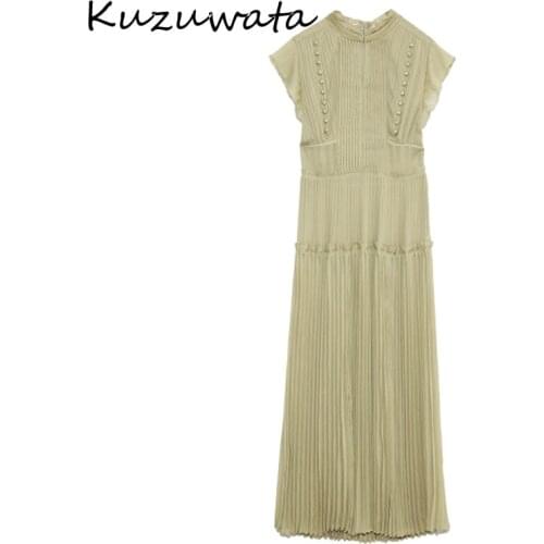 Kuzuwata 2021 Spring New Pleated Drawstring Slim Waist Dresses Elegant Fresh High Waist Women Dress Sexy Hollow Out Vestidos