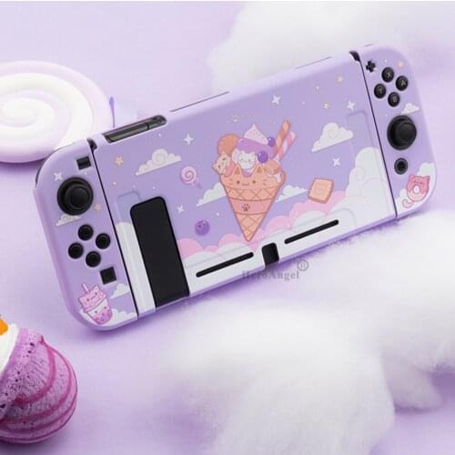 Cute Purple Ice Cream Cat Soft TPU Skin Protective Case for Nintendo Switch NS Console JoyCons Controller Housing Shell Cover
