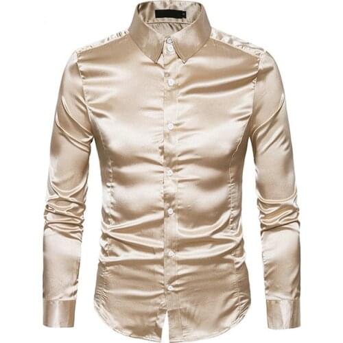 Mens Silk Shirt Long Sleeve Lapel Single Breasted Black Gold Satin Casual Slim Fit Social Formal Man Clothing