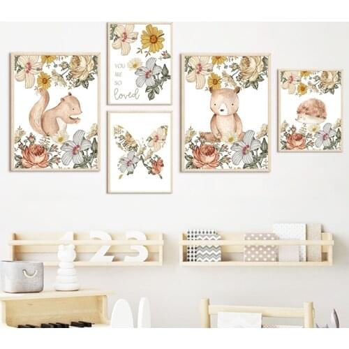 Cute Bear Elephant Squirrel Baby Animal Wall Art Canvas Painting Nordic Posters And Prints Wall Pictures Kids Room Nursery Decor
