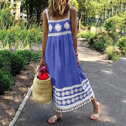 Bohemian Women Summer Dress Boho Print Beach Holiday Dress Strap Big Swing Tassel Maxi Dress Patchwork Tank Sundress robe