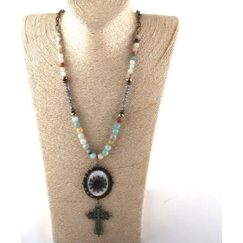Dropship Fashion Jewelry Amazonite Natural Stone & Glass Crystal Long Chain Cross Pendant Necklaces For Women Ethnic Necklace
