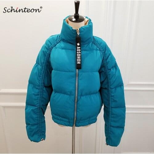 Schinteon New Women Down Jacket Reversible Two Side Wear Winter Warm Loose Outwear Thick Clothing Blue Rose Stand Collar