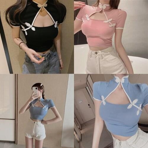 Sexy Girls Cosplay Costume Chinese Style T Shirt Crop Tops Shirt Colorful short sleeve Tee Vest Fashion Cheongsam T Shirts