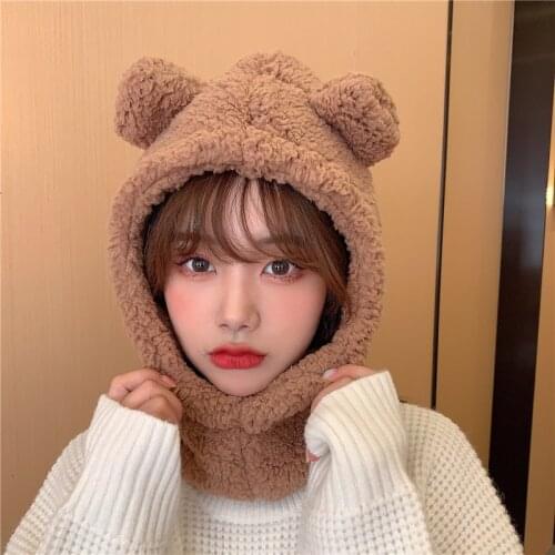 Cartoon Bear Ears Hat Scarf Women Winter Furry Soft Warm Scarf Female Korean Cute Girl Plush Hat Lady Beanies Cap