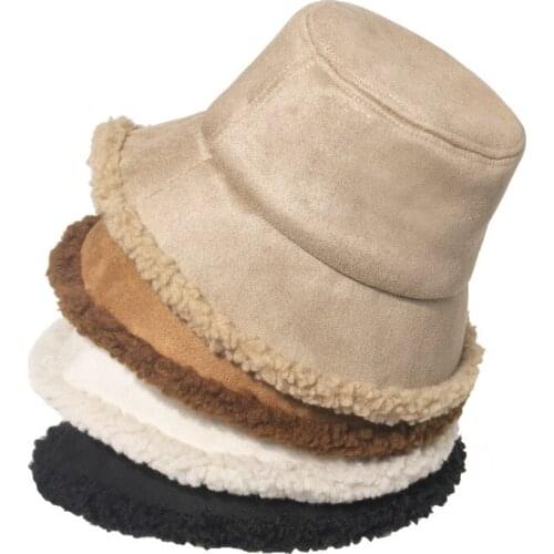 HanXi Women Hat Winter Suede Bucket Hats Plush Lamb Wool Cap Thick Warm Fisherman Caps Sunscreen Panama
