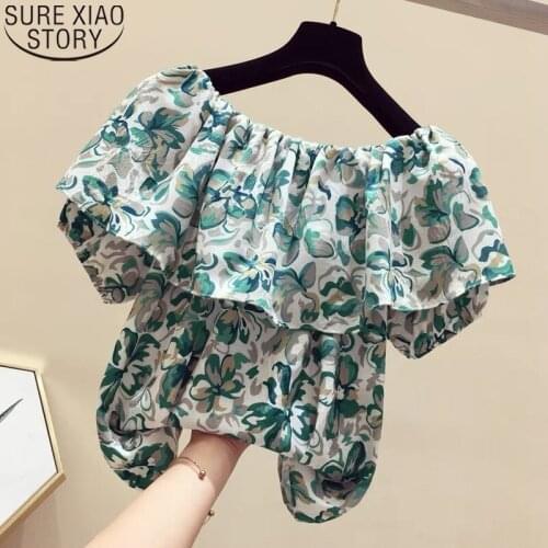 Floral Chiffon Shirt Short Sleeve Blouse Women Summer Tops 2021 New Slash Neck Sweet Ruffled Tops Blusas Short Blouse 15434