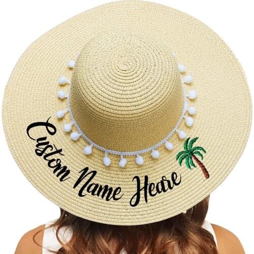 Embroidery Personalized Custom Text Logo Your Name Coconut Tree Women Sun Hat Large Brim Straw Hat Outdoor Beach hat Pompon Hat