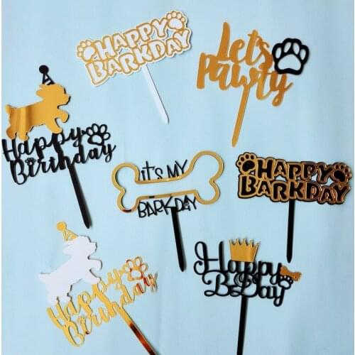 Pet Dog Acrylic Cake Toppers Its My Barkday Black Dog Paw Prints Baking Cupcake Toppers for Birthday Party Cake Decorations New