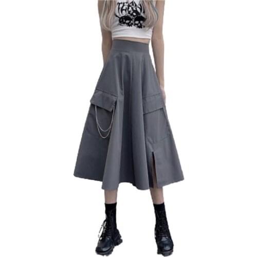 PERHAPS U Vintage Split Chain Skirt A-Line Skirt Pocket Knee-Length Skirt High Waist Loose Skirt S3005