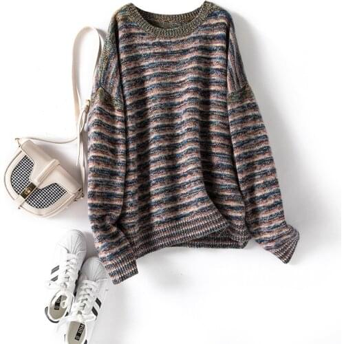 High-end 100% cashmere sweaters women oversized ladies fashion striped pullovers france styles chic off shoulder jumper knitted