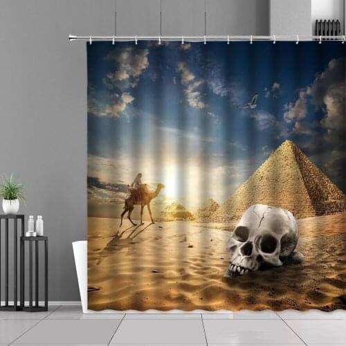 Western Desert Camel Shower Curtain Set Pyramid Famous Sights Scenery Hanging Curtains Home Bathroom Decor Bath Cloth With Hooks